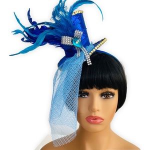 Blue Sparkle Mini Top Hat on Headband with Sequin Trim, Feathers and Netting